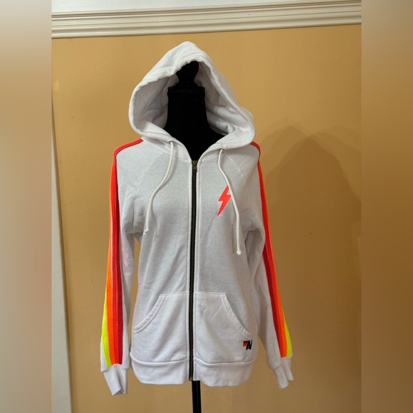 Aviator Nation Tops - AVIATOR NATION WHITE ZIP UP NEON BOLT NEON STRIPES HOODIE
